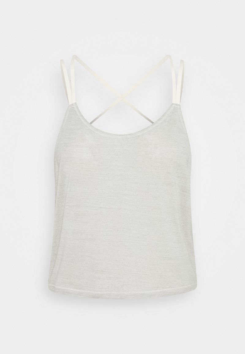 Jasnoszary bezrękawnik o luźnym kroju, wykonany z miękkiej tkaniny. Posiada cienkie białe krzyżowe ramiączka i zaokrąglony dekolt.