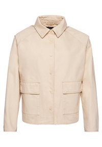 Beżowa kurtka dżinsowa z kołnierzykiem, z przodu zapinana na guziki, z dwiema naszytymi kieszeniami i rękawami raglanowymi. Gładka tekstura i luźny krój.