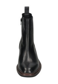 Schwarze Leder-Stiefelette mit seitlichem Reißverschluss, abgerundeter Zehenpartie, Zuglasche an der Rückseite und braunem, gesticktem Sohlenrand.