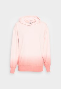 Sweat à capuche en dégradé de rose blush, avec une texture douce, des poignets côtelés et une poche kangourou. Design simple sans motifs.