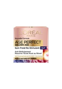 Crème de nuit L'Oréal Paris Age Perfect Golden Age dans une boîte rose et dorée, présentant des motifs floraux et un texte en français détaillant les avantages du produit.