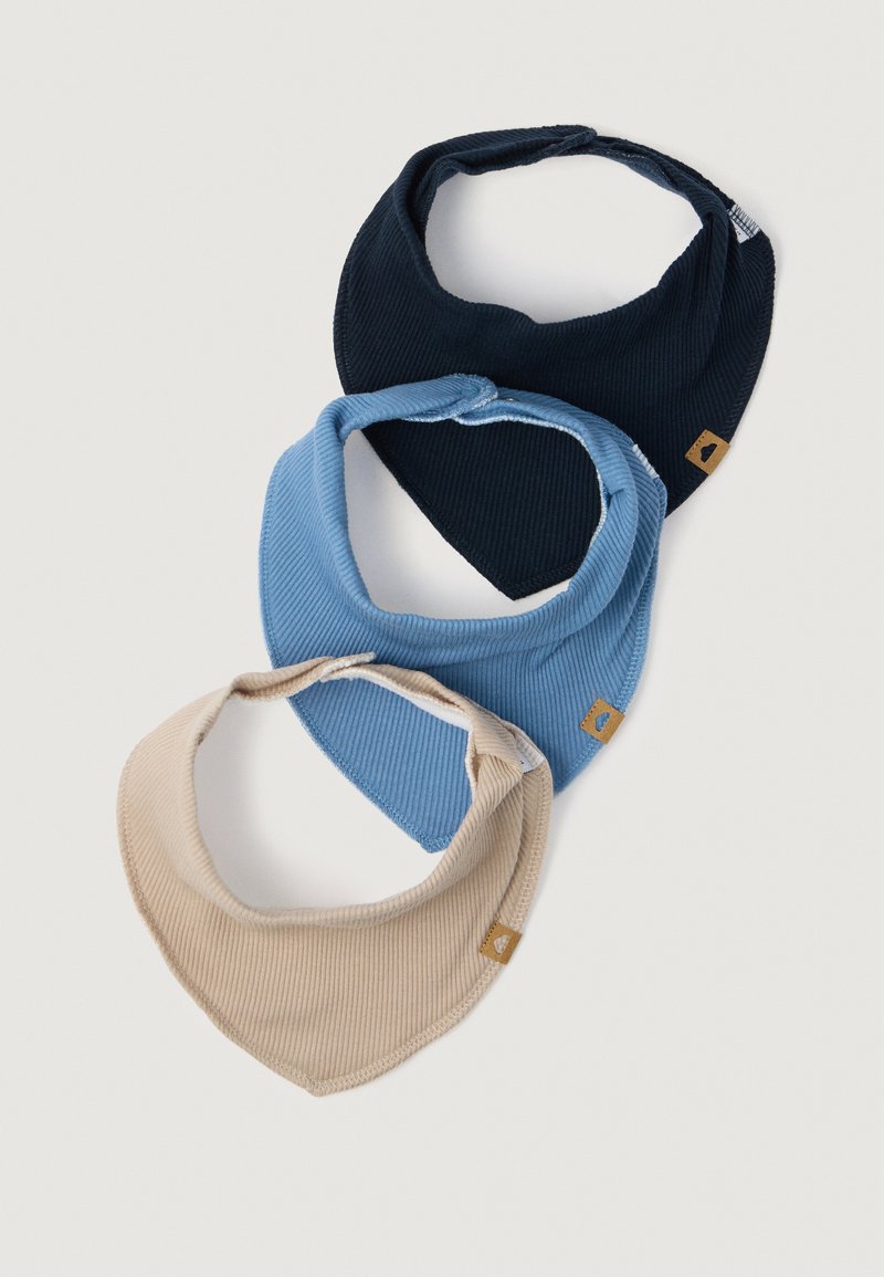 Τρία ριμπντ πανιά φάσματος σε ναυτικό μπλε, ανοιχτό μπλε και μπεζ, με στρογγυλεμένες μορφές και μικρές ετικέτες λογότυπου στις άκρες.