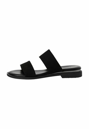 Black slide sandal featuring two wide soft suede straps, a smooth leather footbed, and a minimal rubber sole.