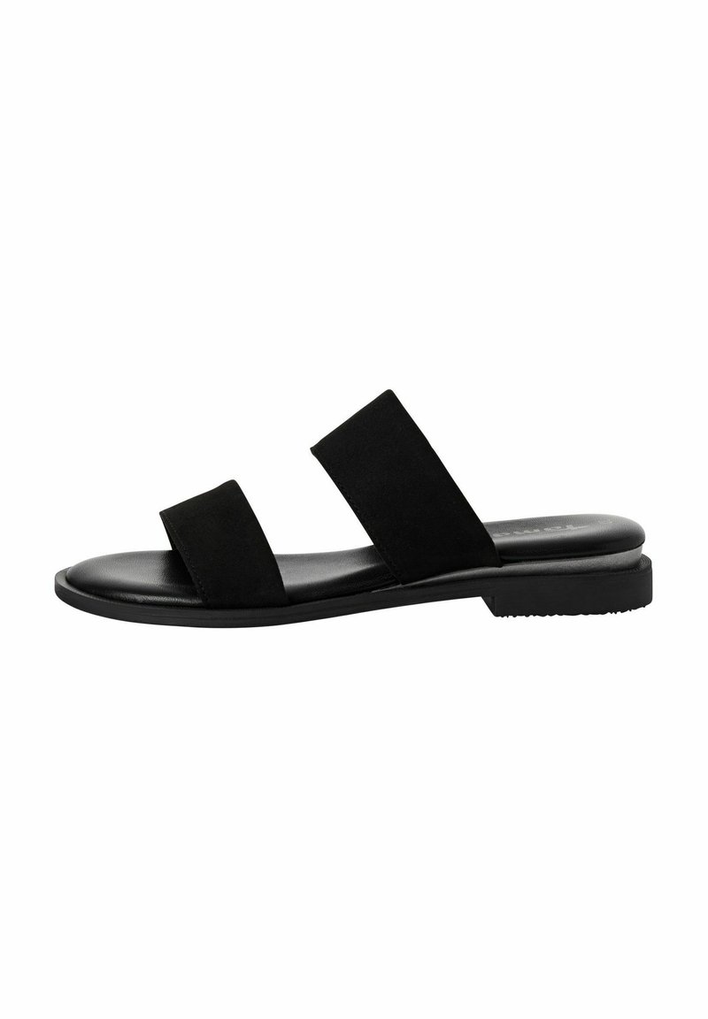 Sandale noire à glissière avec deux larges brides en daim doux, une semelle intérieure en cuir lisse et une semelle en caoutchouc minimaliste.