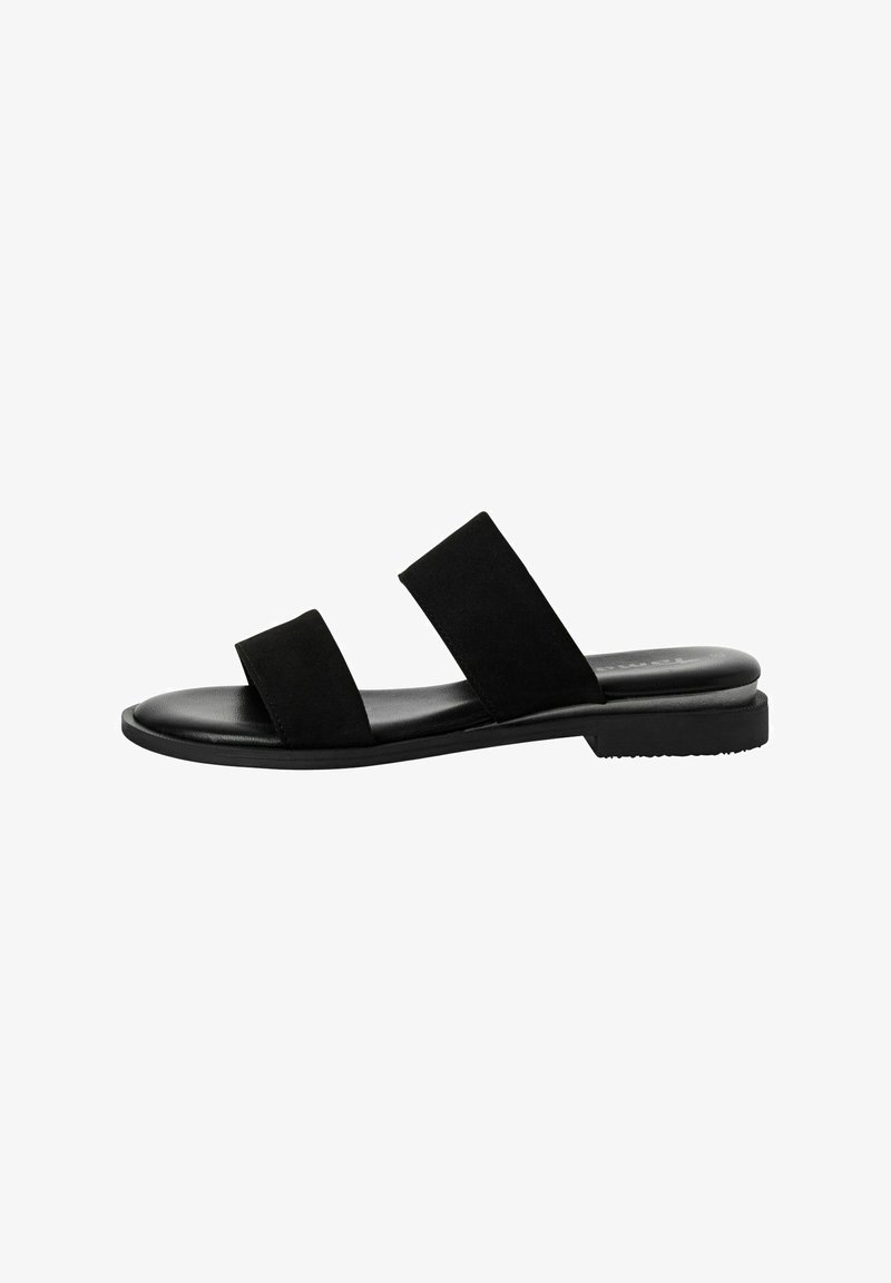 Black slide sandal featuring two wide soft suede straps, a smooth leather footbed, and a minimal rubber sole.