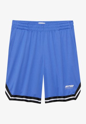 Blauwe sportshorts van lichtgewicht stof, met een elastische taille, zwart-witte gestreepte accenten en een gedrukte logo aan de zijkant.