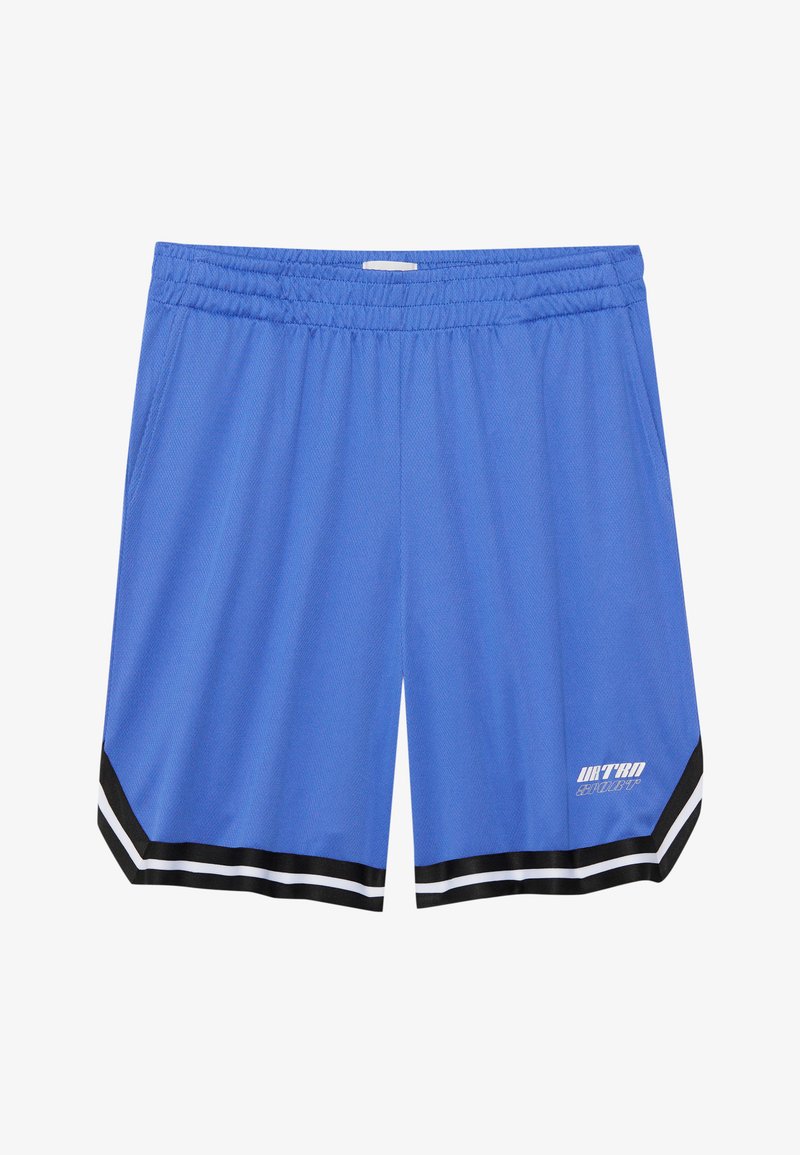 Blå sportsshorts lavet af letvægtsstof, med elastisk talje, sort- og hvidstribede detaljer og trykt logo på siden.