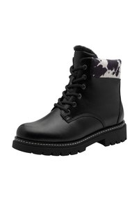 Bottines en cuir noir avec une finition texturée et un col en motif de cuir de vache. Présentent un bout rond, un laçage sur le devant et une épaisse semelle en caoutchouc.