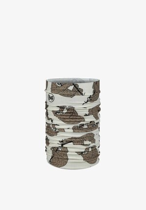 White multifunctional neck tube with brown sloth illustrations in various poses and a small Buff logo.