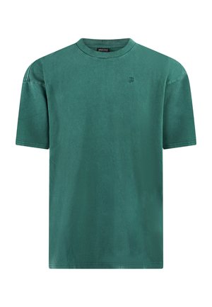 Kurzärmeliges T-Shirt mit Rundhalsausschnitt in ausgewaschenem Tealgrün mit kleinem geprägtem Logo auf der linken Brust und abgesteppten Schulternähten.