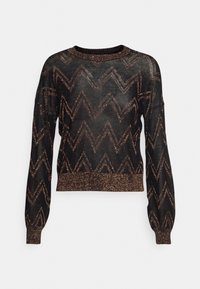 Svart genomskinlig tröja med långa ärmar som har kopparfärgade zigzag-mönster samt ribbat halsringning och nederkant. Diskreta glittrande detaljer genom hela.