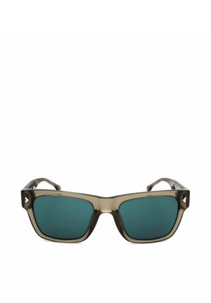 Occhiali da sole rettangolari con montatura grigia trasparente e lenti tintate verde scuro, mostrati frontalmente su sfondo bianco.
