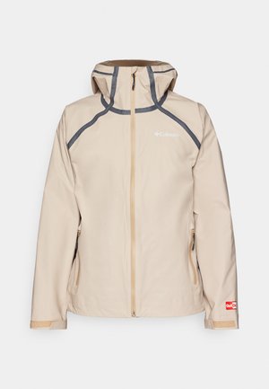 Beige vedenpitävä takki, jossa on vetskari, harmaat yksityiskohdat, säädettävä huppu ja sivutaskut. Takissa on logo rinnassa ja hihassa.