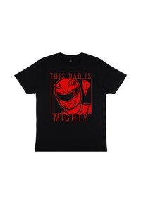 Czarny t-shirt z bawełny z czerwonym wzorem graficznym hełmu oraz napisem "TEN TATA JEST POTĘŻNY" w pogrubionych, stylizowanych literach.