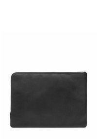 Czarna skórzana etui na laptopa, prostokątny kształt, gładka faktura, całkowity zamek błyskawiczny na górze, minimalistyczny design bez widocznych elementów metalowych czy wzorów.