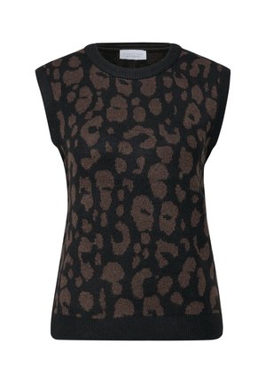 Haut sans manches en tricot noir avec un motif léopard marron. Présente un col rond et des bords côtelés. Texture douce.