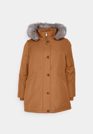 Brown waterproof coat with a faux fur-lined hood, front buttons, side pockets, and a slightly loose fit. Textured fabric with a smooth finish.