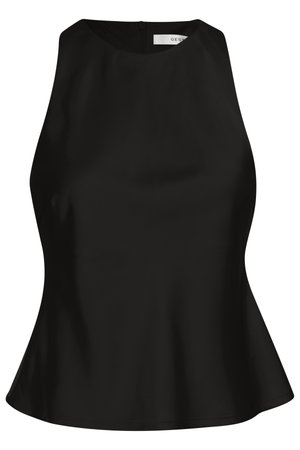 Black sleeveless top with a high neckline, flared hem, and smooth texture. Features a center back zipper and minimalist design.