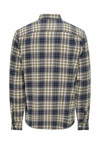 Langärmlig kariertes Hemd in Grün, Marineblau und Weiß. Verfügt über einen klassischen Kragen und Knopfmanschetten. Weicher Stoff mit checkered Muster.