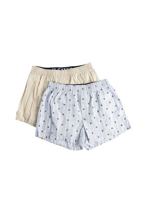 Dos pares de boxers de algodón para hombre, uno beige con rayas finas, el otro azul claro con pequeños patrones de círculos oscuros.