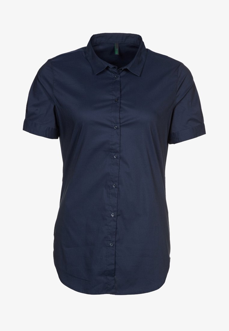 Marinblå kortärmad skjorta med krage, figursydd passform och rundad nederkant.
