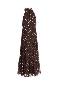 Robe longue marron sans manches à pois blancs, col montant froncé et jupe à volants.