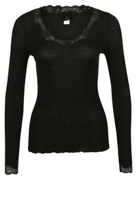 Svart långärmad topp i ribbat material med en scallop-lace halsringning, spetsdetaljerade ärmslut och en figursydd silhuett.