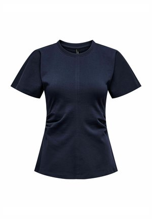 Granatowy t-shirt z krótkim rękawem wykonany z miękkiej bawełny. Posiada marszczenia po bokach oraz okrągły dekolt z prostym obrzeżem.