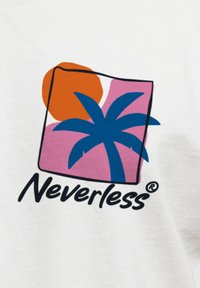 White fabric featuring a graphic design: a pink square with a blue palm tree and an orange circle above. The text reads "Neverless®."