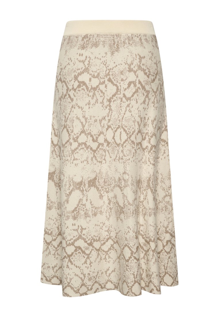 Beige und hellbraun bedruckter Midi-Rock mit Schlangenmotiv, breitem elastischem Bund und ausgestellt geschnittenem Saum.