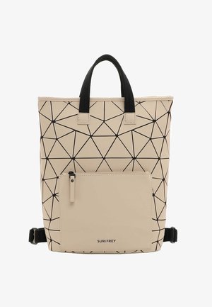 Sac à dos géométrique beige en matériau synthétique, avec un motif linéaire noir, deux poignées de transport et une poche zippée à l'avant.