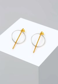 Orecchini geometrici in oro e argento con un cerchio e una barra diritta che attraversa il centro. Finitura lucida.