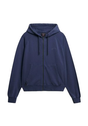 Granatowy hoodie z zamkiem w miękkim materiale, z kapturem na sznurku, dwiema przednimi kieszeniami i ściągaczami na mankietach. Zawiera wytłoczone logo nad lewą kieszenią.