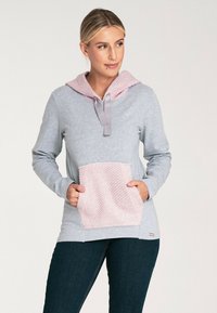 Jasnoszara bluza z kapturem w różowym, teksturowanym kolorze i kieszenią. Posiada troczki, długie rękawy i miękki materiał.