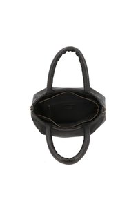 Czarna skórzana torebka o miękkiej fakturze. Posiada dwa zaokrąglone uchwyty oraz zamykanie na zamek, które odkrywa przestronną wnętrze z kieszenią ścienną.