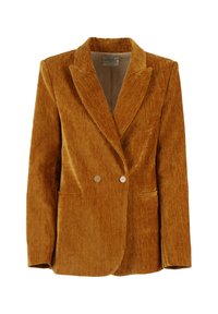 Blazer doppiopetto donna in velluto color senape con revers a lancia e due tasche frontali.