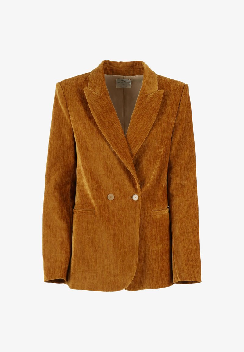 Blazer doppiopetto donna in velluto color senape con revers a lancia e due tasche frontali.