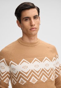 Brązowy sweter dzianinowy o teksturowanym materiale, z białym geometrycznym wzorem. Okrągły dekolt i ściągacze na rękawach dodają detali.