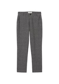 Grå fiskbensmönstrade byxor med rak passform, utrustade med knappstängning, två framfickor och en slät tygstruktur.