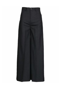 Pantaloni a gamba larga in tessuto nero con vita alta, pieghe frontali e chiusura con un singolo bottone. Silhouette sartoriale e texture liscia.