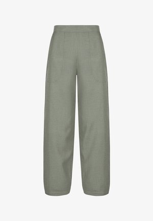 Spodnie o szerokich nogawkach, zwężane ku dołowi, w stonowanym zielonym kolorze, z wysokim stanem, widocznymi przeszyciami z przodu oraz kieszeniami.