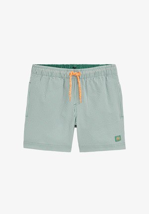 Shorts à rayures verticales vertes et blanches avec cordon de serrage orange et petit emblème de soleil sur la jambe gauche, vue de face.