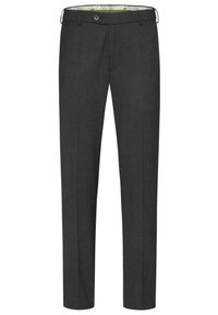 Pantalons sur mesure gris foncé avec une texture lisse, jambes droites et coupe slim. Comprend une fermeture à bouton et une doublure intérieure à motifs.