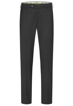 Dunkelgraue maßgeschneiderte Hosen mit glatter Textur, geraden Beinen und slim Fit. Mit Knopfverschluss und gemusterter Innenverkleidung.