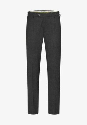 Dark gray tailored trousers with a smooth texture, straight legs, and a slim fit. Features a button closure and patterned inner lining.