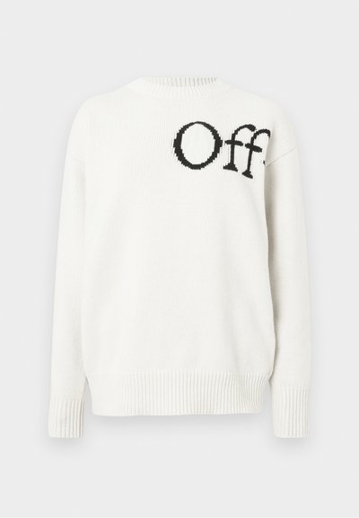 Maglione bianco lavorato a maglia con collo rotondo. Presenta il testo ricamato in nero "Off" sul davanti, polsini e orlo a costine, e una vestibilità rilassata.