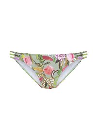 Blumige Bikinihose aus grünem Stoff mit rosa und gelben tropischen Mustern, seitlichen Ausschnitten und glattem elastischem Saum.