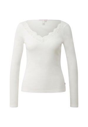 Weißes, langärmeliges, eng anliegendes Oberteil mit V-Ausschnitt und Spitzenbesatz am Ausschnitt und den Schultern.