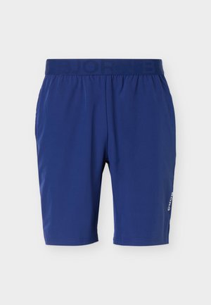 Blaue knielange Herren-Sportshorts mit elastischem Bund und kleinem weißen "Borg"-Logo am linken Bein.