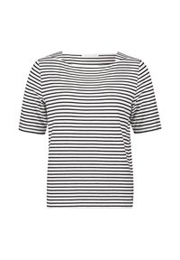 Stribet kortærmet top med firkantet halsudskæring; sort og hvid vandret stribemønster; blødt materiale; afslappet pasform; ingen synlige logoer eller detaljer.